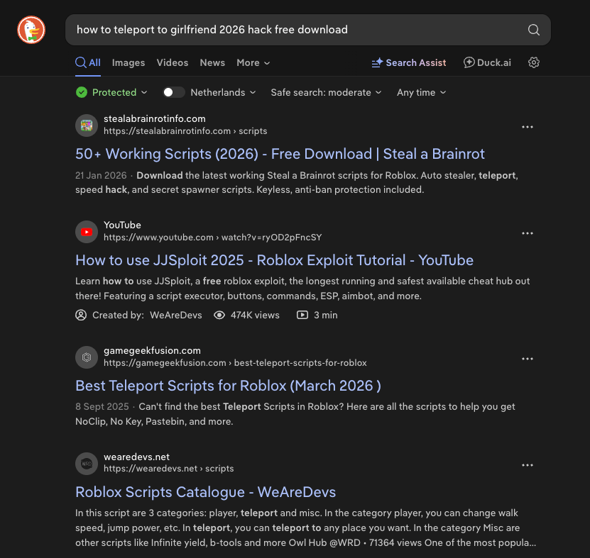 said search put into duckduckgo. there are various roblox cheating results.